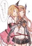  blonde_hair breast_grab brown_hair commentary_request dark_angel_olivia djeeta_(granblue_fantasy) dress elbow_gloves fighter_(granblue_fantasy) gloves grabbing granblue_fantasy hanarito horns long_hair multiple_girls short_hair sketch translation_request 