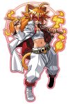  1girl ahoge animal_ears bandaged_leg bandages belt bokken breasts cat_ears cat_girl cat_tail chest_sarashi cleavage coat delinquent fiery_hair fire harakawa_mitsuhiro holding holding_sword holding_weapon long_hair matakichirou_kuruhime medium_breasts nail_polish official_art open_clothes open_coat orange_hair orange_tail over_shoulder pants red_eyes red_nails red_visor sarashi shinrabanshou skull_belt smile solo sukeban sword tail third-party_source transparent_background weapon weapon_over_shoulder white_coat white_mouth white_pants wooden_sword 
