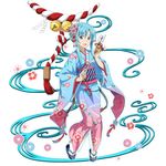  :d asuna_(sao) asuna_(sao-alo) blue_eyes blue_hair blue_kimono flower full_body hair_between_eyes hair_flower hair_ornament holding japanese_clothes kimono long_hair looking_at_viewer obi official_art open_mouth pointy_ears sash simple_background smile solo standing sword_art_online sword_art_online:_code_register tabi white_background white_legwear yukata 