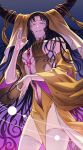  1girl black_hair breasts chiamo_(lmc_clm) demon_horns facial_mark fate/grand_order fate_(series) forehead_mark gradient_background highres horn_ornament horn_ring horns large_breasts long_hair sessyoin_kiara sessyoin_kiara_(beast_iii/r) sessyoin_kiara_(heaven's_hole) thighhighs third_eye_on_chest twitter_username white_thighhighs wide_sleeves yellow_eyes 