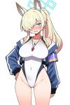  1girl ai-generated animal_ear_fluff animal_ears annoyed bare_shoulders blonde_hair blue_archive blue_eyes blue_halo blush breasts clenched_teeth collarbone commentary_request competition_swimsuit covered_navel dakini_tencho dog_ears extra_ears hair_over_one_eye halo hand_on_own_hip highleg highleg_one-piece_swimsuit highres jacket kanna_(blue_archive) kanna_(swimsuit)_(blue_archive) large_breasts long_hair notched_ear official_alternate_costume one-piece_swimsuit open_clothes open_jacket ponytail sharp_teeth solo sweat swimsuit teeth thighs whistle whistle_around_neck white_one-piece_swimsuit 