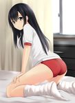  ass bangs bed black_eyes black_hair buruma curtains from_behind full_body gym_shirt gym_uniform hair_between_eyes hands_on_own_thighs infirmary kneeling long_hair looking_at_viewer looking_back loose_socks nonaka_ritsu on_bed original red_buruma shirt socks solo thighs white_legwear window 