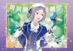  1boy alcohol ascot balloon beret birthday blue_capelet blue_eyes box bug capelet champagne champagne_flute commentary_request cup dated drinking_glass gift gift_box grey_hair happy_birthday hat highres holding holding_cup kyon_1412 long_sleeves looking_to_the_side male_focus open_mouth otto_suewen re:zero_kara_hajimeru_isekai_seikatsu short_hair smile solo star_balloon upper_body wine_glass 