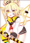  animal_ears aotu_world blonde_hair blush cat_ears cat_tail eyebrows_visible_through_hair looking_at_viewer open_mouth red_neckwear scarf short_hair shu_(pjxv7485) solo tail yellow_eyes yellow_scarf 