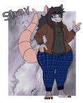 2026 4:5 absurd_res american_opossum anthro big_butt black_hair bottomwear butt clothed clothing digital_media_(artwork) finger_gun fur gesture gradient_background grey_body grey_fur hair half-closed_eyes hand_gesture hand_on_hip hi_res humanoid jacket long_sleeves long_tail looking_at_viewer male mammal markings marsupial messy_hair multicolored_body multicolored_fur narrowed_eyes open_clothing open_jacket open_topwear pants pattern_bottomwear pattern_clothing pattern_pants pink_tail plaid plaid_bottomwear plaid_clothing plaid_pants shay_(zxenvy) simple_background smile smug solo standing striped_markings striped_tail stripes sweater sweatpants tail tail_markings text thick_thighs topwear turtleneck wide_hips zxenvy