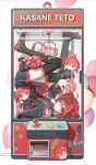 1girl balloon black_boots black_skirt boots chinese_commentary commentary_request detached_sleeves doll drill_hair hair_between_eyes highres in_crane_game kasane_teto kieed looking_at_viewer medium_hair pleated_skirt red_eyes red_hair skirt solo thigh_boots twin_drills utau vocaloid 