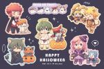  1girl 4boys angel animal_costume animal_print appmon asuka_torajirou blue_eyes blue_skin blush candy cat_boy chibi chibi_only closed_eyes colored_skin commentary_request demon_costume digimon digimon_universe:_appli_monsters dokamon dress food gatchmon ghost_costume hackmon_(appmon) halloween halloween_bucket halloween_costume halo happy_halloween hat heart highres hood hoodie jack-o'-lantern karan_eri katsura_rei lantern lulu_hane multicolored_skin multiple_boys musimon offmon open_mouth ozora_yujin polearm pumpkin pumpkin_hat purple_eyes red_eyes red_hair shinkai_haru sparkle spoken_heart tiger_costume tiger_print trident two-tone_skin vampire_costume weapon white_skin witch witch_hat yellow_skin 