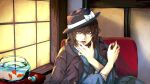  1girl black_hat blue_gem blue_kimono bow brown_coat brown_eyes brown_hair butterfly_earrings chair coat collared_coat commentary_request earrings fish fishbowl gem goldfish hands_up hat hat_bow highres holding holding_smoking_pipe japanese_clothes jewelry kimono looking_at_viewer medium_hair on_chair possumomo red_gem red_lips red_nails sitting smoking_pipe solo touhou upper_body usami_renko white_bow white_gem window 