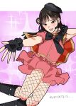  1girl :d animification black_boots black_gloves black_hair black_hat boots buttons clenched_hand commentary coral_hair_ornament double-breasted feet_out_of_frame fingerless_gloves fishnet_pantyhose fishnets frilled_gloves frills gloves hair_bun hair_ornament hat highres knee_boots long_hair love_live! love_live!_nijigasaki_high_school_idol_club love_live!_nijigasaki_high_school_idol_club_the_movie_-_finale miniskirt oonishi_aguri open_mouth outstretched_hand pantyhose pink_shirt pink_skirt pleated_skirt poizun_(user_wmgk4287) purple_background real_life shirt single_side_bun skirt smile solo sparkle_background stellar_stream_(love_live!) tilted_headwear translation_request voice_actor 