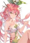  bare_shoulders breasts cleavage collarbone commentary_request flower granblue_fantasy hair_ornament highres leaf long_hair looking_at_viewer medium_breasts momoko_(momopoco) navel pink_hair plant_girl pointy_ears solo tri_tails yellow_eyes yggdrasil_(granblue_fantasy) 