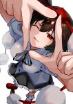  1girl absurdres black_skirt brown_hair commentary frilled_skirt frills from_above geta hat highres looking_at_viewer one_eye_closed pom_pom_(clothes) red_eyes red_hat shameimaru_aya shirt skirt solo t4r4guu tengu-geta tokin_hat touhou white_shirt 