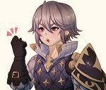  artist_name beige_background brown_eyes earrings fire_emblem fire_emblem_if gloves grey_hair jewelry lazward_(fire_emblem_if) male_focus onisuu open_mouth simple_background solo teeth upper_body 