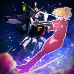  1girl aiming bangle beam_rifle black_gloves blonde_hair blue_eyes boots bracelet commentary_request elbow_gloves elle_vianno energy_gun explosion fingerless_gloves from_side gloves glowing glowing_eyes green_eyes gun gundam gundam_mk_ii gundam_zz hair_ribbon highres holding holding_gun holding_weapon jacket jewelry mecha mobile_suit nebula open_mouth outstretched_arms own_hands_together pants ponytail red_jacket red_pants red_ribbon ribbon robot short_sleeves smile space star_(sky) steepled_fingers tamago_tomato v-fin weapon 