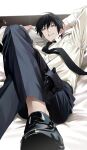  1boy absurdres alternate_costume arm_behind_head black_hair black_necktie black_pants black_shoes buttons commentary_request crossed_legs dress_pants dress_shirt dress_shoes fushiguro_touji grey_eyes hair_between_eyes head_on_pillow highres holster jujutsu_kaisen looking_at_viewer male_focus necktie on_bed pants pillow scar scar_on_face scar_on_mouth shirt shirt_tucked_in shoes short_hair solo teeth thigh_holster tune_oekk white_shirt 