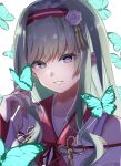  1girl blue_butterfly blue_pupils bug butterfly butterfly_on_hand commentary corrupted_twitter_file e69465 eyelashes flower green_hair hair_flower hair_intakes hair_ornament hairband hand_up happy_birthday heaven_burns_red highres japanese_clothes kimono lips long_hair long_sleeves looking_at_animal miko mole mole_under_mouth murofushi_risa murofushi_risa_(tonight_under_the_cherry_blossoms'_brilliance) official_alternate_costume official_alternate_hairstyle parted_lips purple_eyes red_hairband sidelocks simple_background smile solo swept_bangs tassel tassel_hair_ornament tsurime underlighting upper_body white_background white_flower white_kimono wide_sleeves 
