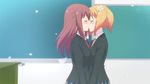  2girls blonde_hair blush canon chalkboard classroom collared_shirt eyes_closed flower flower_petals hair_ornament hairclip kiss multiple_girls necktie official petals pigtails pink_hair sakura_trick school_uniform screencap sonoda_yuu table takayama_haruka uniform watermark yuri 