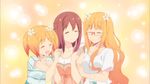  3girls blonde_hair canon collarbone couple eyes_closed flower hair_ornament hairclip happy long_hair love_triangle multiple_girls official pigtails ribbon sakura_trick screencap short_hair smile sonoda_mitsuki sonoda_yuu takayama_haruka very_long_hair yuri 