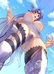  :o ass black_legwear blue_hair breasts cloud colored_pubic_hair day forehead_protector from_below headgear highres kos-mos large_breasts long_hair looking_down navel nipples nude open_mouth pubic_hair puffy_nipples pussy red_eyes ryuji_(red-truth) signature sky solo surprised thighhighs thighs very_long_hair xenosaga 