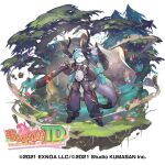  1girl aqua_hair asymmetrical_bangs aura axe battle_axe belly blue_tongue breasts breasts_apart bright_pupils colored_skin colored_tongue commentary_request copyright_logo copyright_name copyright_notice detached_sleeves dragon_tail drooling faux_figurine flower forest full_body fur_scarf grass holding holding_axe holding_weapon hoover_(monmusu_td) hooves horns huge_weapon large_horns logo long_hair looking_at_viewer midriff monster_girl monster_musume_td multicolored_hair nature navel navel_piercing o-ring official_art open_mouth over_shoulder pants piercing pink_hair pointy_ears puffy_sleeves purple_eyes rock scales scarf short_eyebrows simple_background slit_pupils small_breasts so-taro solo standing strap tachi-e tail thick_eyebrows tree triangle_mouth two_side_up weapon weapon_over_shoulder white_background white_pupils white_skin 