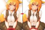  animal_ears bad_id bad_pixiv_id bangs bare_arms before_and_after belt belt_buckle black_belt black_ribbon black_skirt black_vest blonde_hair blush breast_squeeze breasts buckle collared_shirt cookie_(touhou) cum cum_on_body cum_on_breasts cum_on_clothes cum_on_upper_body cup directional_arrow eyebrows eyebrows_visible_through_hair facial fox_ears frown grin hair_between_eyes hekiga_(freelot) highres large_breasts looking_at_viewer miniskirt miramikaru_riran multiple_views open_clothes open_vest red_eyes ribbon ringed_eyes sakazuki shirt short_hair short_sleeves skirt smile sweat teeth touhou variations vest white_shirt 