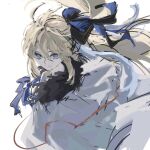  1girl aesc_(fate) aesc_(savior)_(fate) black_bow blonde_hair blue_eyes bow eden_one1 fate/grand_order fate_(series) fur_trim hair_between_eyes hair_bow highres long_hair looking_at_viewer ponytail simple_background solo very_long_hair white_background 