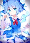  blue_bow blue_eyes blue_hair blush bow cirno closed_mouth eyebrows_visible_through_hair hair_bow ice ice_wings looking_at_viewer puffy_short_sleeves puffy_sleeves short_hair short_sleeves shu_(pjxv7485) smile solo touhou wings 