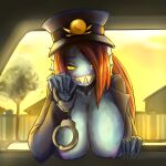  absurd_res animal_humanoid aquatic areola areola_slip big_breasts black_eyes blue_body blue_scales breasts clothing ear_fins eyelashes female fin fish fish_humanoid front_view hair hair_over_eye hi_res holding_handcuffs huge_breasts humanoid litdeath long_hair looking_at_viewer marine_humanoid orange_hair police police_uniform pupils purple_areola scales sharp_teeth slit_pupils smile solo teeth undertale_(series) undyne uniform yellow_sclera 