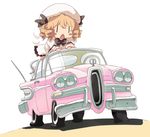  bangs black_neckwear blush_stickers bow bowtie car detached_wings dress drill_hair edsel_citation eyebrows_visible_through_hair flan_(harry_mackenzie) flat_tire ground_vehicle hair_between_eyes hat long_hair long_sleeves luna_child motor_vehicle on_vehicle open_mouth solo touhou white_background white_dress white_hat wings |_| 