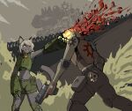absurd_res anthro anthro_dominating_human armor battle battlefield bell bell_collar black_kek blood blood_splatter bodily_fluids body_armor bone brain_damage chaos_cultist chaos_titan_(warhammer_40000) claws collar death duo dust eyeball felinid female gore gun hair handgun head_explosion headless hi_res human human_on_anthro imperial_guard inner_ear_fluff interspecies male male_death mammal midriff muzzle_flash navel pistol pupils ranged_weapon sharp_teeth short_hair shot_in_head skull slit_pupils smile smoke splatter teeth titan_(warhammer_40000) tuft war warrior weapon