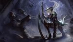  1girl absurdres armor breastplate closed_mouth commentary_request cuisses debris destruction diana_(league_of_legends) facial_mark fingerless_gloves forehead_mark full_moon gloves glowing glowing_eyes greaves grey_eyes highres holding holding_weapon kienan_lafferty league_of_legends leaning_on_object leaning_on_weapon light_particles long_hair moon official_art on_one_knee pauldrons poleyn shoulder_armor solo third-party_source vambraces weapon white_hair white_nails 