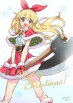  :d aikatsu! aikatsu!_(series) axe bell belt blonde_hair blush boots bow christmas commentary cowboy_shot dated floating_hair fur_trim gloves gradient gradient_background hair_bow hairband highres hoshimiya_ichigo long_hair merry_christmas morikura_en open_mouth perspective red_eyes red_gloves santa_boots santa_costume santa_gloves signature skirt smile snowflakes solo sunrise_stance 