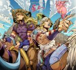  2boys blue_lips cowboy_hat goggles goggles_on_headwear gold_teeth green_lips grills gyro_zeppeli hat heart_ornament highres horse_print horseshoe horseshoe_hat_ornament horseshoe_ornament johnny_joestar jojo_no_kimyou_na_bouken multiple_boys raatha2909 slow_dancer_(jojo) steel_ball_(jojo) steel_ball_run valkyrie_(jojo) 