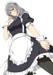  1girl absurdres apron arm_at_side artist_name assault_lily back_bow black_dress black_pantyhose black_ribbon blush bow breasts buttons closed_mouth commentary_request cowboy_shot dress dutch_angle frilled_apron frilled_dress frills from_below grey_hair hair_between_eyes hair_ribbon hand_up hata_matsuri highres looking_at_viewer looking_down maid maid_headdress medium_breasts medium_hair pantyhose puffy_short_sleeves puffy_sleeves purple_eyes ribbon senri_(senri03151221) short_sleeves simple_background solo standing white_apron white_background white_bow wrist_cuffs 