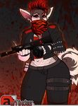  2017 5_fingers anthro bandanna breasts canine clothing digital_media_(artwork) female fishnet fur gun hair humanoid_hands jacket mammal mask mixideer pants ranged_weapon red_eyes red_hair solo spikes weapon wide_hips 