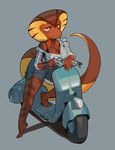  breasts clothed clothing cobra female long_tail pinup pose reptile scalie scooter serious shirt shorts skimpy smile snake solo stealthnachos vehicle 