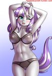  2017 absurd_res anthro anthrofied areola blush bra breasts clothing equine female friendship_is_magic gradient_background hair hi_res horn long_hair looking_at_viewer mammal multicolored_hair my_little_pony navel nipples one_eye_closed open_mouth panties simple_background solo twilight_velvet_(mlp) twistedscarlett60 two_tone_hair underwear unicorn 