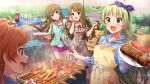  4girls bird blue_bow blue_eyes blue_hairband blush bow braid brown_hair can card_commentary commentary_request cooking day drink_can food game_cg green_hair grill grilling hair_bow hairband holding holding_can holding_plate holding_tongs idolmaster idolmaster_million_live! idolmaster_million_live!_theater_days kousaka_umi long_hair looking_at_another meat miyao_miya multiple_girls official_art ogami_tamaki open_mouth outdoors plate sausage shimabara_elena shish_kebab smile soda_can standing steak third-party_source tongs twin_braids 