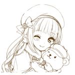  blush bow catbell chocolat_(shironeko_project) hat lily_(shironeko_project) long_hair looking_at_viewer monochrome one_eye_closed shironeko_project simple_background sketch smile white_background 