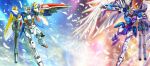  absurdres beam_rifle commentary_request energy_gun feathers green_eyes gun gundam gundam_wing highres holding holding_gun holding_weapon mecha mecha_focus mechanical_wings mobile_suit no_humans robot science_fiction shield two_mix_shiina v-fin weapon wing_gundam wing_gundam_zero_custom wings 