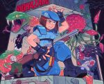  1girl absurdres animal bag beret bird boots brown_hair carnivorous_plant claws clenched_teeth crow fangs fingerless_gloves gloves gun hat highres holding holding_gun holding_weapon jill_valentine knee_pads kneeling monster oversized_animal resident_evil resident_evil_1 s.t.a.r.s._uniform satchel sharp_teeth shotgun shoulder_pads snake speedoru teeth tyrant_(resident_evil) weapon zombie zombie_dog 