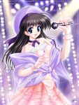 1girl bad_id bare_shoulders black_hair blue_eyes blue_shawl choker comic_party cowboy_shot gloves hat holding holding_microphone idol long_hair microphone pink_gloves pink_shirt pleated_skirt purple_choker purple_ribbon red_skirt ribbon ribbon_choker saeki_yuu sakurai_asahi shawl shirt signature skirt solo stage standing strapless strapless_shirt white_hat 