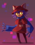  animal_hat blue_scarf blush brown_eyes cat_hat commentary_request fangs full_body gradient gradient_background hair_between_eyes hat head_tilt looking_at_viewer niko_(oneshot) oneshot_(game) open_mouth purple_hair scarf shadow short_hair signature sleeves_past_wrists slit_pupils smile solo standing wg. yellow_sclera 