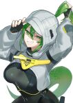  1girl arknights arknights:_endfield black_bodysuit black_gloves bodysuit commentary_request crocodile_girl crocodilian_tail fingerless_gloves fluorite_(arknights) gloves green_hair grin hair_between_eyes high_ponytail highres long_hair looking_at_viewer ponytail sidelocks smile solo tail ukimesato upper_body 