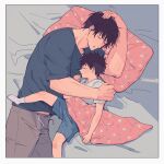  2boys amk_(amkgkd) black_hair blanket blue_shirt blue_shorts border closed_eyes closed_mouth commentary_request father_and_child father_and_son fushiguro_megumi fushiguro_touji grey_pants highres jujutsu_kaisen male_focus multiple_boys on_bed pants parent_and_child pillow scar scar_on_face scar_on_mouth shared_bed shirt short_hair shorts sleeping_together sweatpants white_border white_shirt 