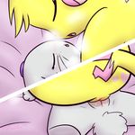  2017 bed blush duo eyes_closed female female/female feral fur lagomorph lantha mammal milachu milachu92 nintendo nude open_mouth pikachu pok&eacute;mon pok&eacute;mon_(species) pussy pussy_juice rabbit sex tribadism video_games white_fur yellow_fur 