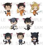  absurdres akitaru_oubi animal_ears arthur_boyle bandaged_neck bandages belt black_belt black_hair black_necktie black_pants black_vest blonde_hair blue_eyes brown_eyes card cat_boy cat_day cat_ears cat_tail cigarette collared_shirt commentary_request en'en_no_shouboutai energy_sword evil_grin evil_smile fire firefighter grin highres holding holding_sword holding_weapon joker_(en'en_no_shouboutai) jumpsuit karim_flam kurono_yuuichirou long_hair long_sleeves male_focus necktie official_art open_mouth orange_eyes orange_jumpsuit orange_overalls overalls pants paw_pose playing_card princess_cafe purple_eyes red_eyes sagamiya_konro sample_watermark scar scar_on_face scar_on_nose shinmon_benimaru shinra_kusakabe shirt short_hair short_sleeves simple_background smile smoking sword symbol-shaped_pupils tail vest watermark weapon white_background 