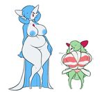  anthro belly big_breasts bikini blue_areola blue_hair breasts cleavage clothed clothing dorian-bc duo female gardevoir green_hair hair hair_over_eye hand_on_hip holding_breast huge_breasts inverted_nipples jealous kirlia nervous nintendo nipples nude pok&eacute;mon pok&eacute;mon_(species) red_eyes shiny_pok&eacute;mon simple_background slightly_chubby smile smug striped_bikini sweat swimsuit video_games white_background wide_hips 