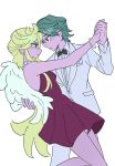  1boy 1girl blonde_hair blue_eyes blush brief_(psg) dress facepaint holding_hands long_hair orange_hair panty_&amp;_stocking_with_garterbelt panty_(psg) red_dress short_dress suit white_suit wpous121 