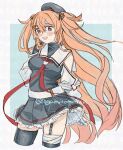  1girl arms_behind_back black_serafuku black_skirt black_thighhighs brown_eyes brown_hair garter_straps hair_flaps heterochromia kantai_collection murasame_(kancolle) murasame_kai_ni_(kancolle) neckerchief pleated_skirt red_eyes red_neckerchief sagamiso sailor_collar school_uniform serafuku skirt solo thighhighs twitter_username two_side_up white_sailor_collar 