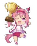  1girl ;d animal_ears bow buruma character_name chibi chibi_only commentary ear_bow english_commentary hairband haru_urara_(bestest_prize)_(umamusume) haru_urara_(umamusume) highres holding holding_trophy horse_ears horse_girl horse_tail jacket kitcychu looking_at_viewer one_eye_closed pink_buruma pink_eyes pink_hair pink_hairband pink_trim ponytail shirt shoes smile sneakers solo tail teeth trophy umamusume upper_teeth_only white_background white_bow white_jacket white_shirt 
